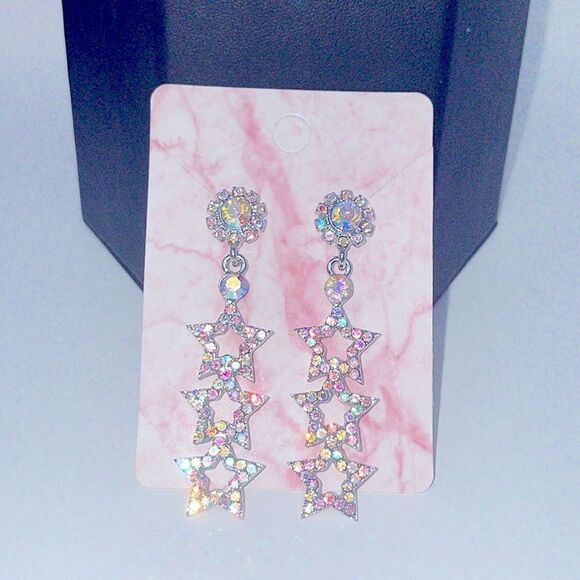 Iridescent Rhinestone Crystal Star Post Drop Earrings - Picture 4 of 7